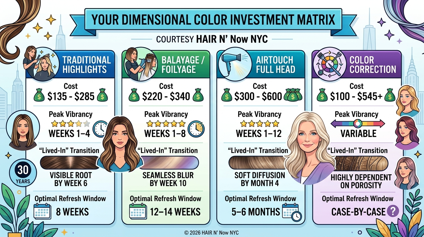 Infographic comparing dimensional color services by investment level, peak vibrancy, and ideal refresh timing.