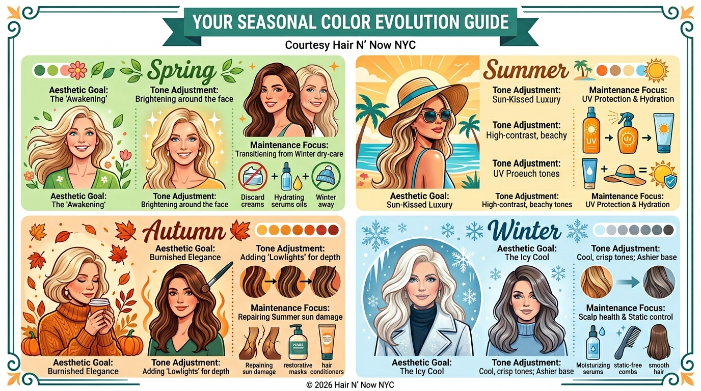Seasonal guide to evolving dimensional hair color from spring through winter.