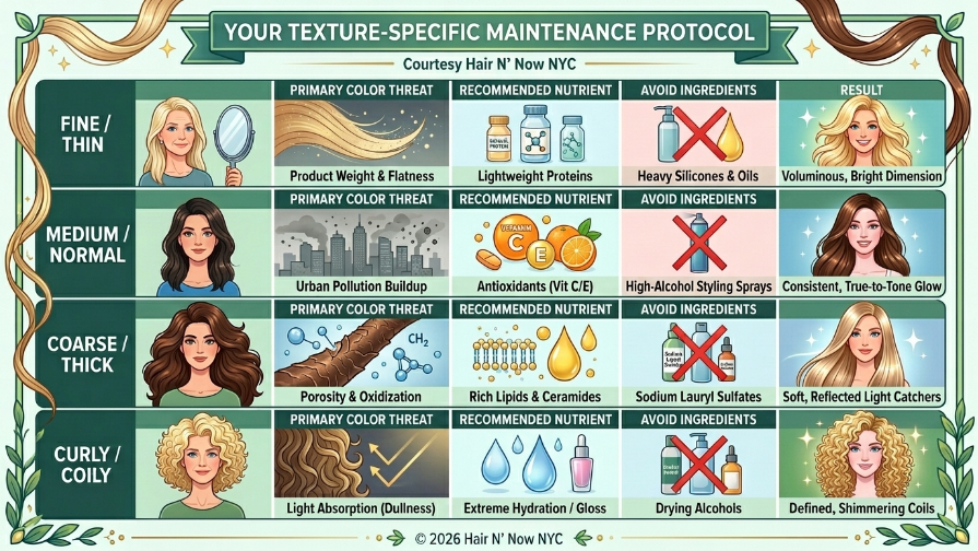 Texture-specific maintenance chart for dimensional color across fine, medium, coarse, and curly hair types.