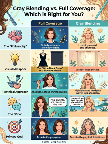 Infographic comparing the gray blending philosophy of woven highlights and lowlights against the opaque, transformative full coverage approach.
