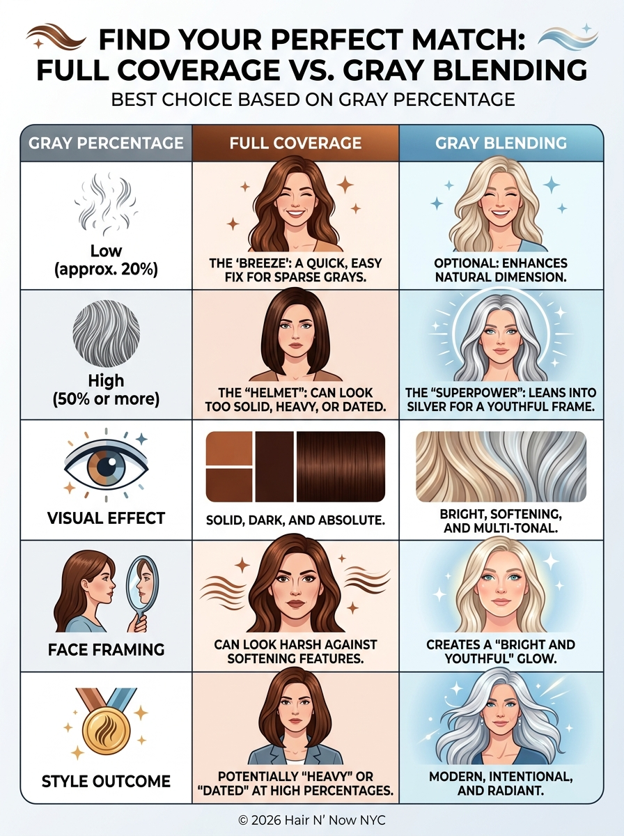 Infographic mapping gray percentage thresholds from 20 percent up past 50 percent to help choose between full coverage and blending for the most youthful face-framing result.