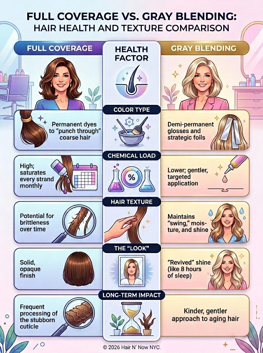 Infographic explaining how permanent dyes for full coverage affect hair health over time compared to demi-permanent glosses and strategic foils used in gray blending.
