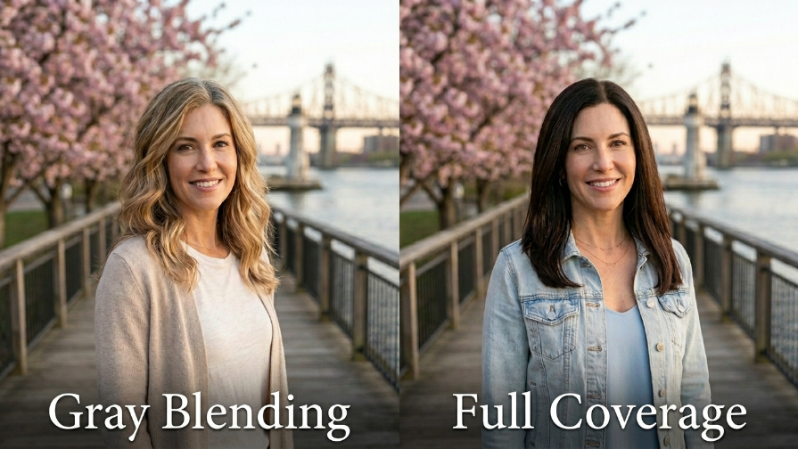 Split-screen hero image comparing sun-kissed gray blending on the left with full coverage rich espresso brunette on the right, shot on the Carl Schurz Park boardwalk in Yorkville.