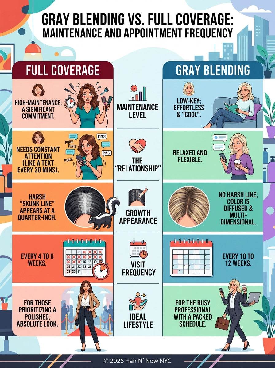 Infographic comparing maintenance cadence, showing full coverage at 4 to 6 week root touch-ups against gray blending stretching 10 to 12 weeks for busy UES professionals.