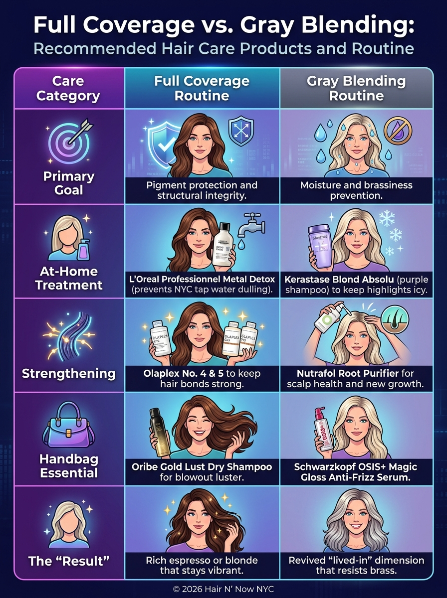 Infographic outlining salon-grade at-home Revival Kit products for full coverage and gray blending, including bond repair, metal detox, purple shampoo, and finishing gloss.