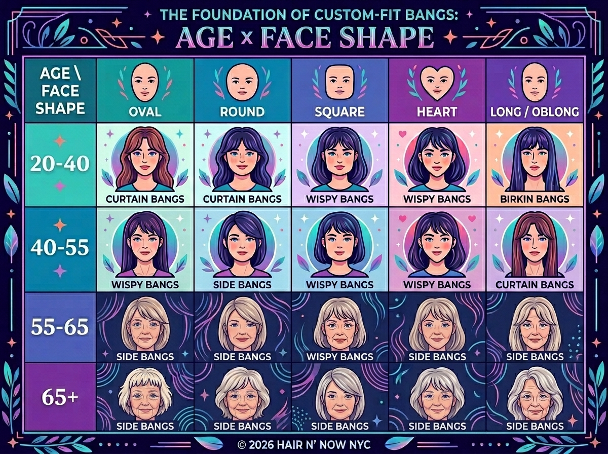 Infographic matching age and face shape combinations with recommended bang styles such as curtain, wispy, side, and Birkin bangs.