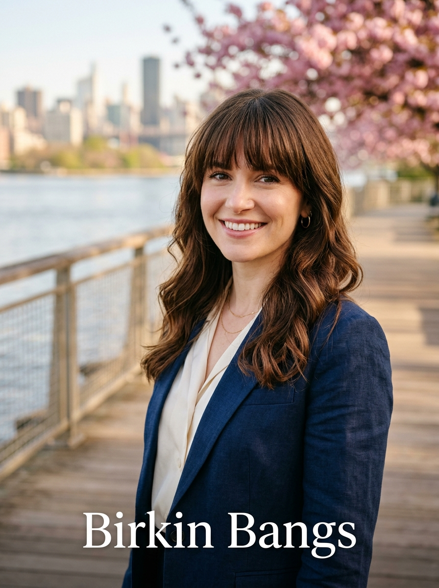 Editorial portrait of Birkin Bangs, a textured blunt fringe style with spring 2026 It Girl energy.