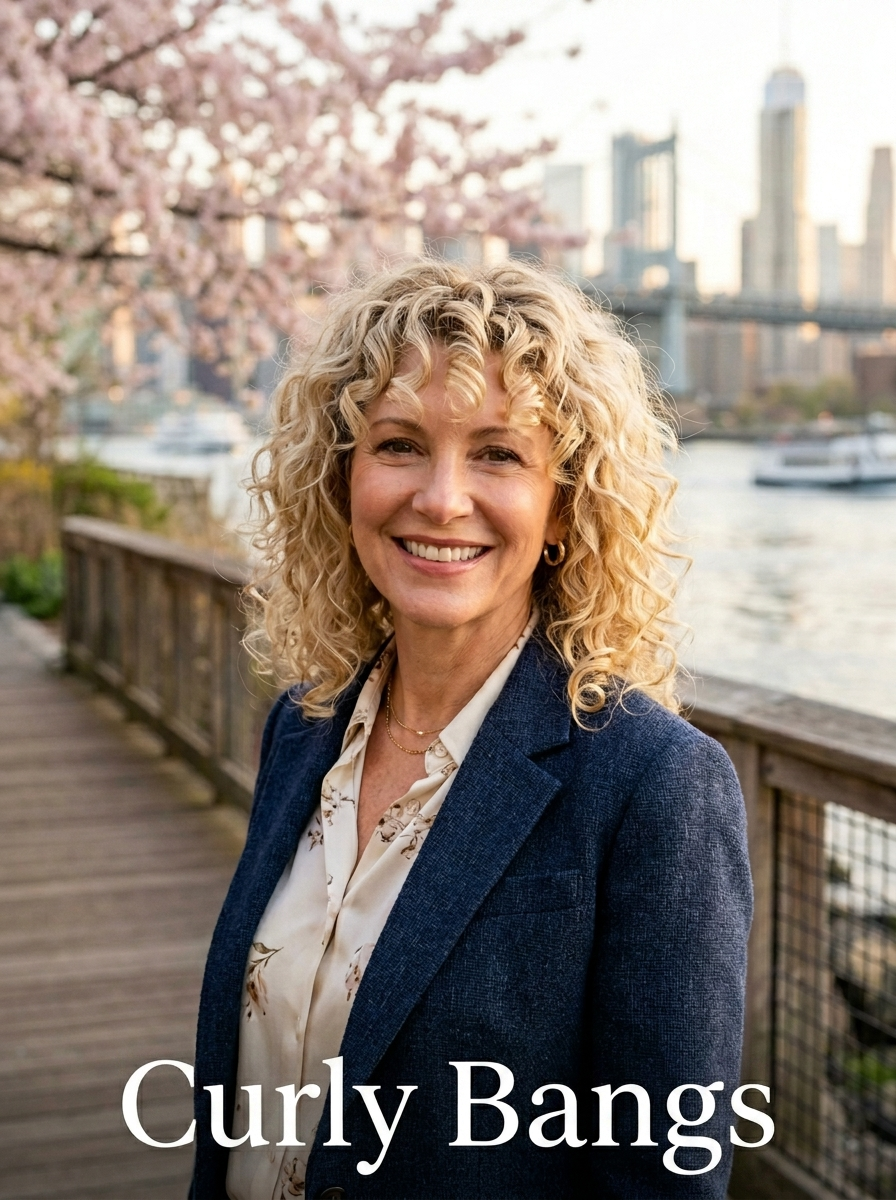 Editorial portrait of Curly Bangs, a soft ringlet fringe style that works with texture in Yorkville humidity.