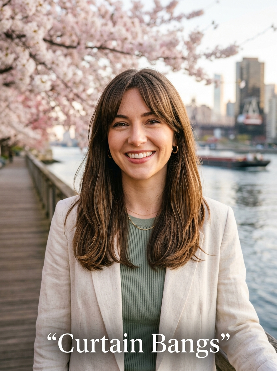 Editorial portrait of Curtain Bangs, a soft center-parted fringe style for spring 2026 in Yorkville.