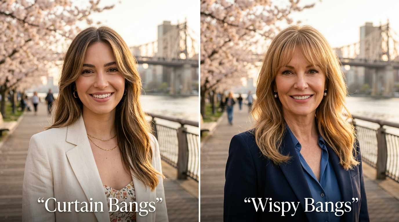 Split-screen bangs hero image comparing Curtain Bangs on the left and Wispy Bangs on the right along the Carl Schurz Park boardwalk in Yorkville.