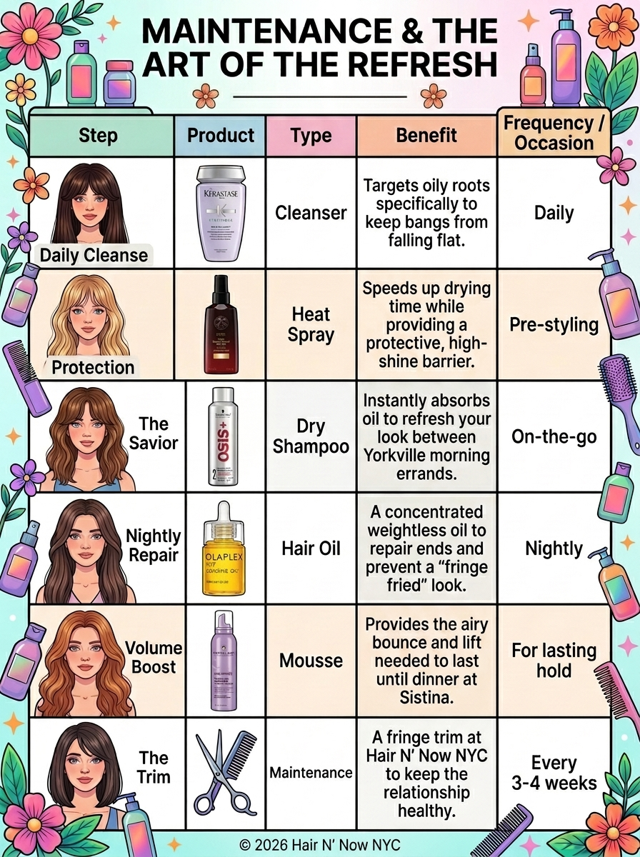 Maintenance chart outlining the ideal bangs refresh routine, including cleansing, heat protection, dry shampoo, repair oil, volume support, and trim cadence.