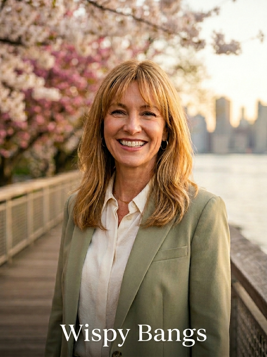 Editorial portrait of Wispy Bangs, a light feathered fringe style for a polished spring 2026 look.