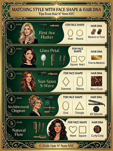 Infographic matching spring blowout styles to face shape, hair DNA, and life stage.