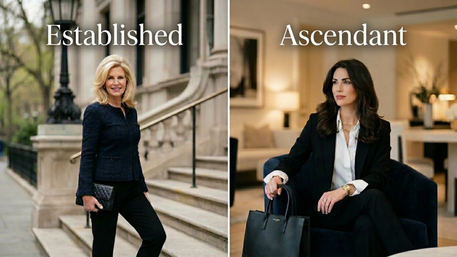 Split-screen spring hero image comparing an Ascendant sleek brunette blowout and a Sophisticate blonde bouncy blowout in Yorkville.