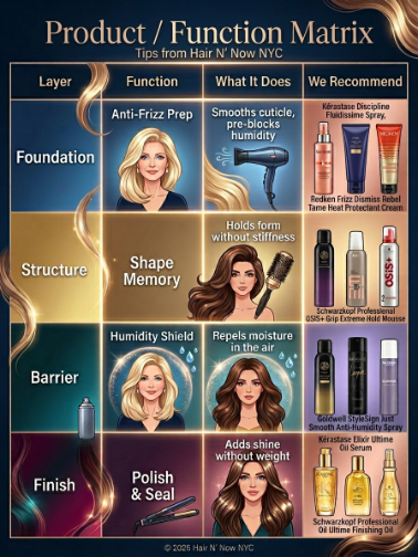 Product function matrix infographic for anti-frizz prep, structure, humidity shield, and finishing polish.