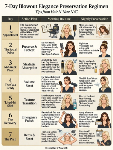 Infographic outlining a seven-day blowout elegance preservation regimen for humid spring weather.