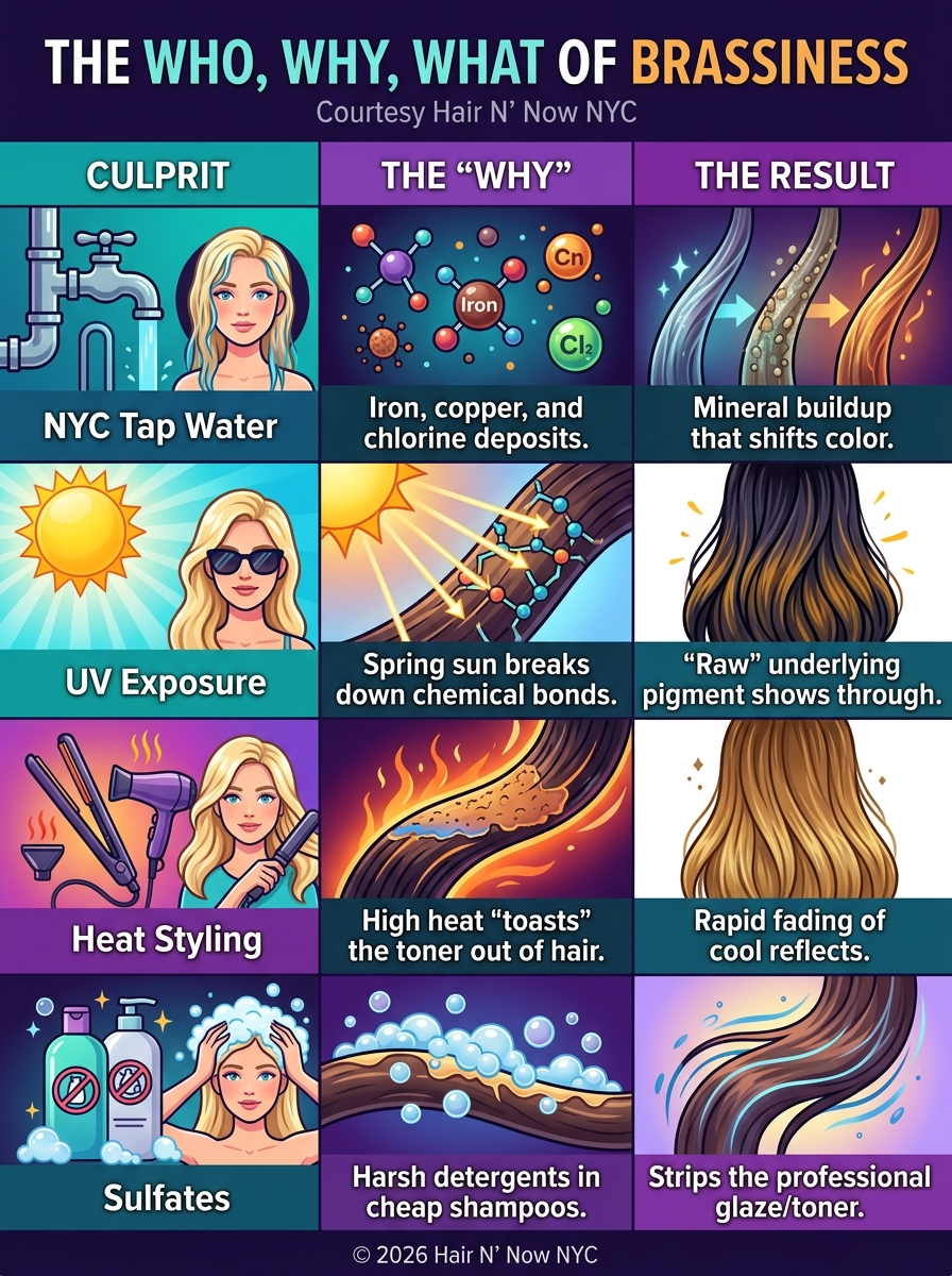 Infographic showing the main causes of brassiness, including NYC tap water, UV exposure, heat styling, and sulfates.