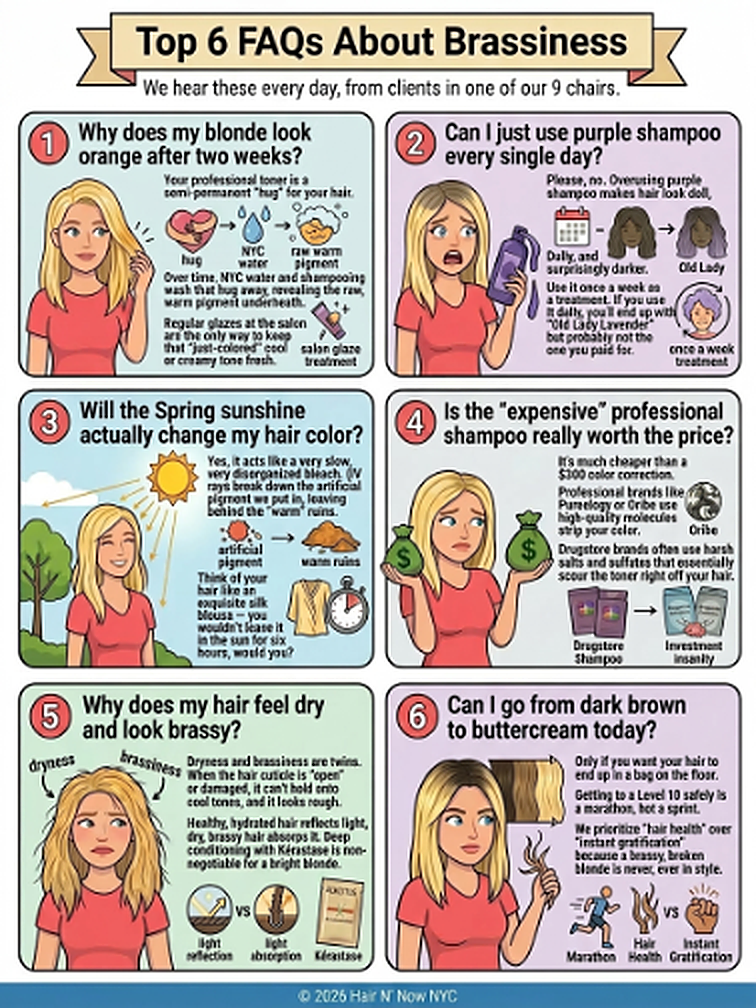 FAQ infographic answering common blonde brassiness questions about orange tones, purple shampoo, UV exposure, shampoo quality, dryness, and major lightening sessions.