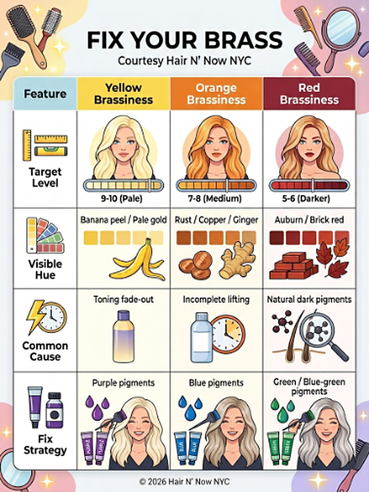 Infographic breaking down yellow, orange, and red brassiness by level, visible hue, common cause, and corrective pigment strategy.
