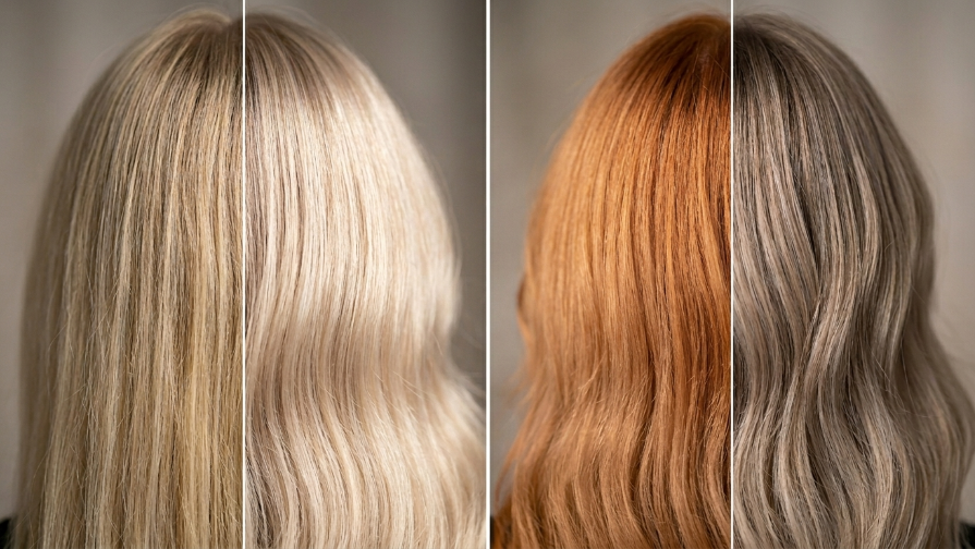 Split-screen blonde correction hero image comparing pale yellow and copper brass with creamy cloud-girl blonde and cool mushroom blonde results.