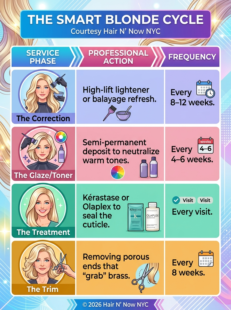 Infographic detailing the professional blonde maintenance cycle with correction, glaze or toner, treatment, and trim cadence.