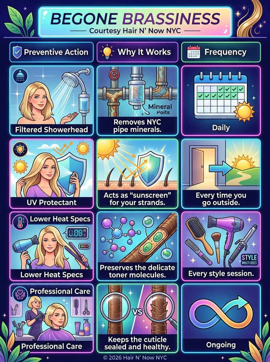 Infographic outlining brass-prevention steps such as filtered showerheads, UV protectant, lower heat settings, and professional care.