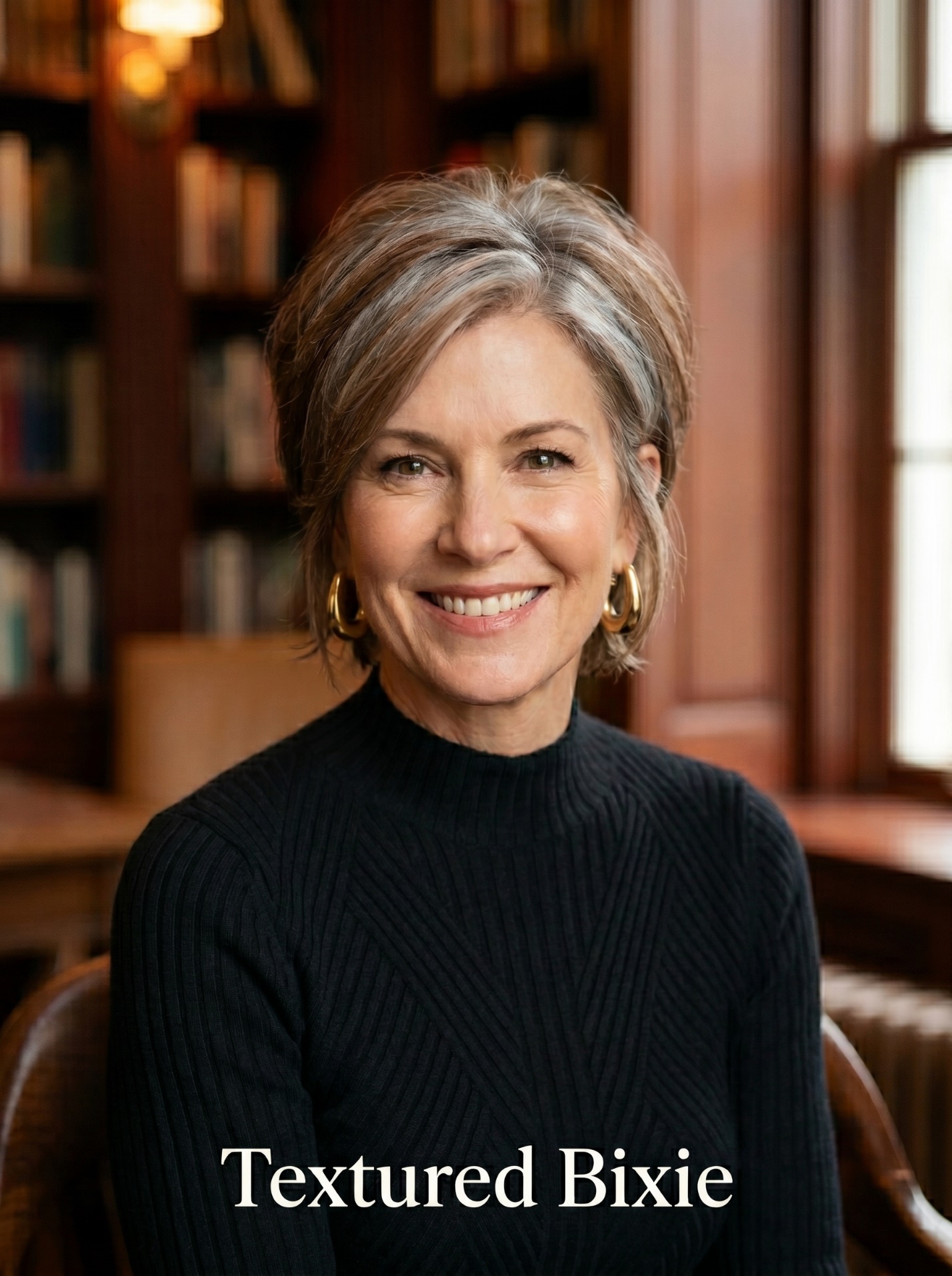 Portrait of a 30-year-old with Warm Roasted Chestnut Melt color and a Blunt Collarbone Lob — crisp center part, level collarbone-grazing ends — in a sun-drenched Upper East Side apartment overlooking 2nd Avenue.