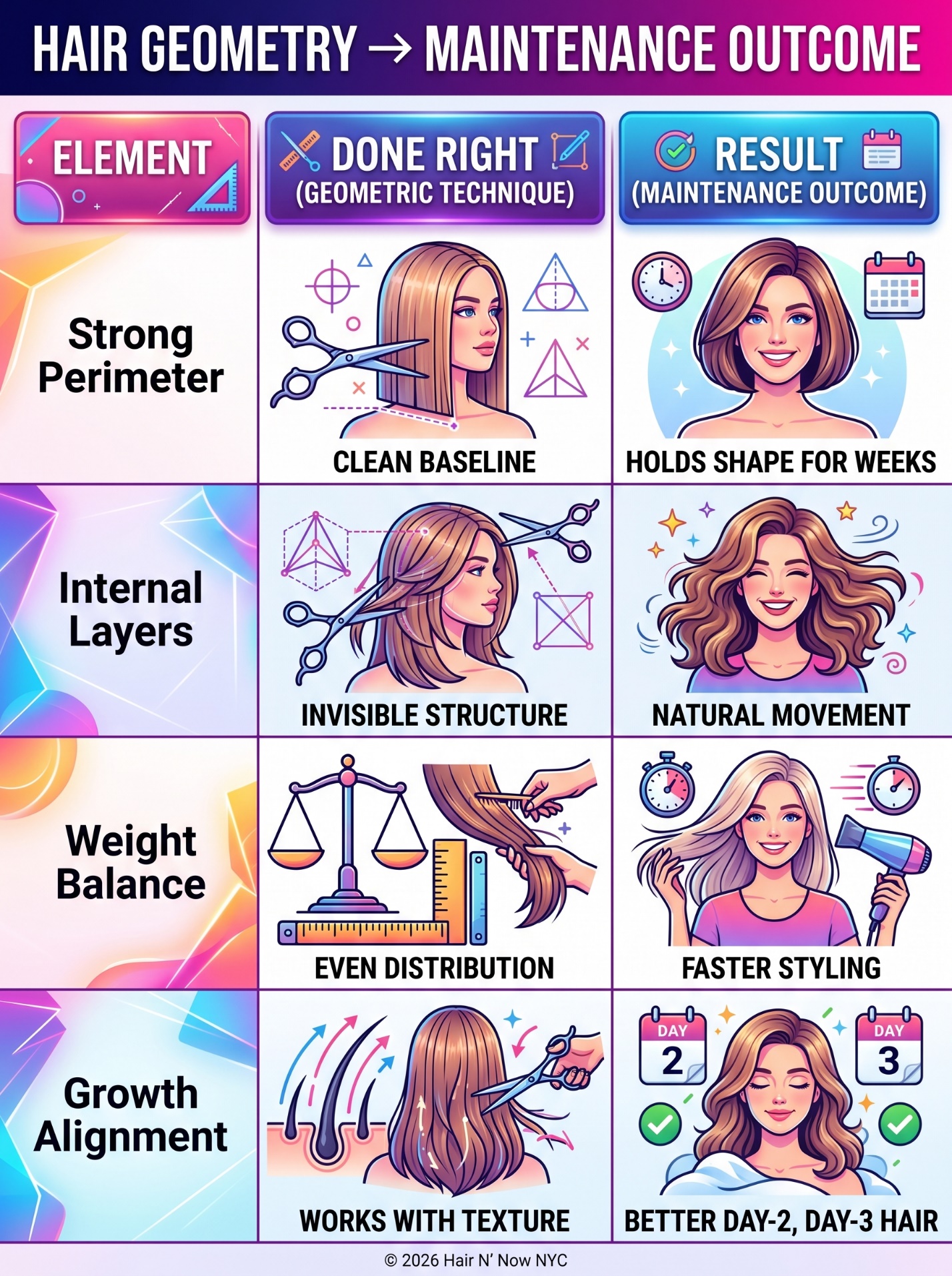 Infographic matching face shape to recommended low-maintenance cuts — collarbone lob, soft shag, bixie, and midi — with cuts to avoid.