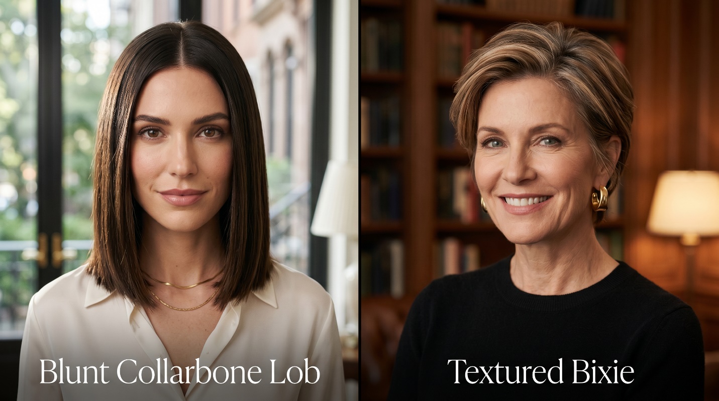 Side-by-side editorial diptych of a 30-year-old with Glossy Espresso Glaze color and a Blunt Collarbone Lob on the left and a 50-year-old with Soft Pecan Dimensional Highlights and a Textured Bixie on the right, shot in a sun-drenched Upper East Side interior.