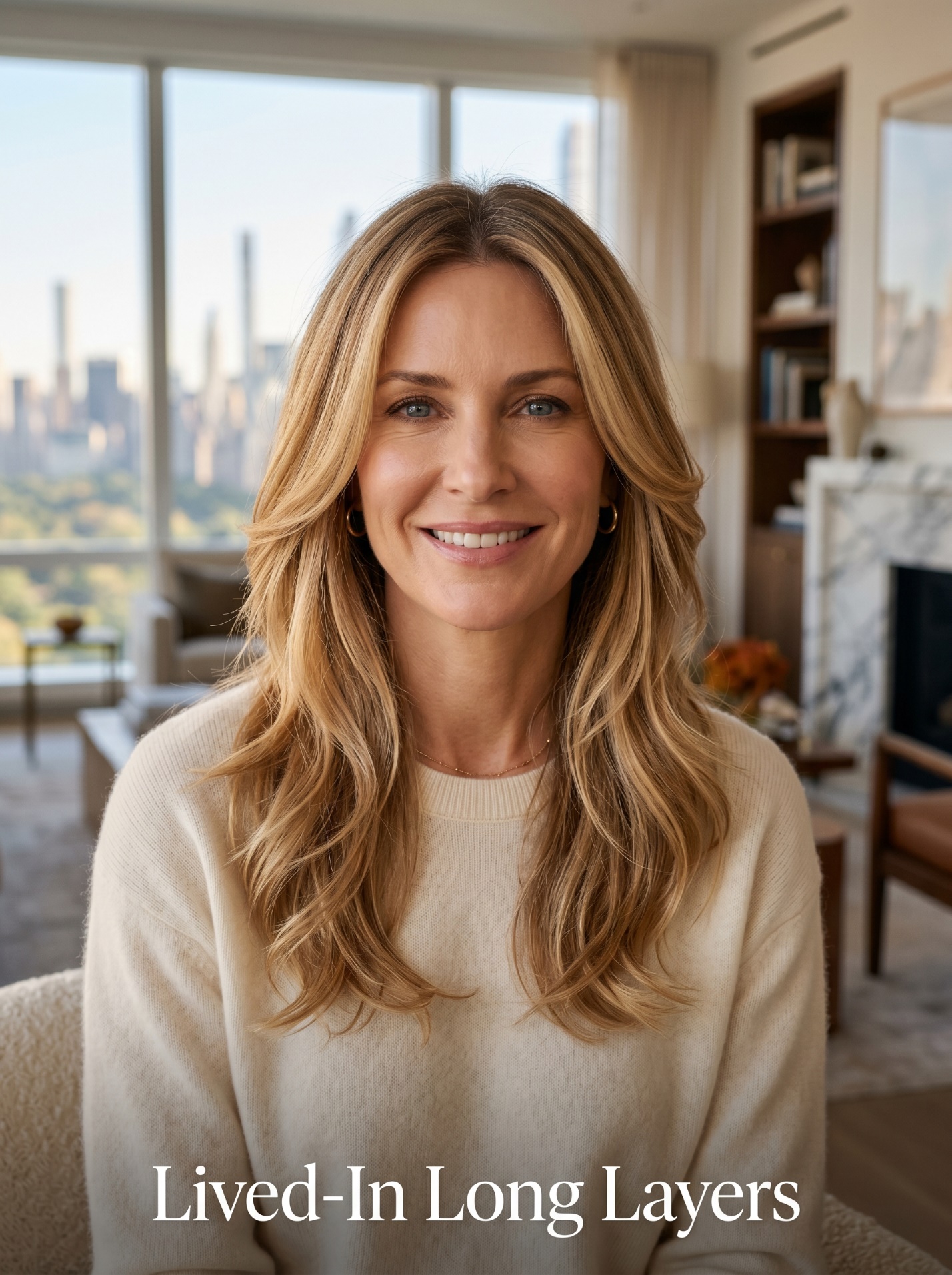 Portrait of a 40-year-old with Sand-Dune Bronde Dimension color and an Invisible Layer Midi — shoulder-grazing with hidden internal layers — on the Carl Schurz Park boardwalk in Yorkville.