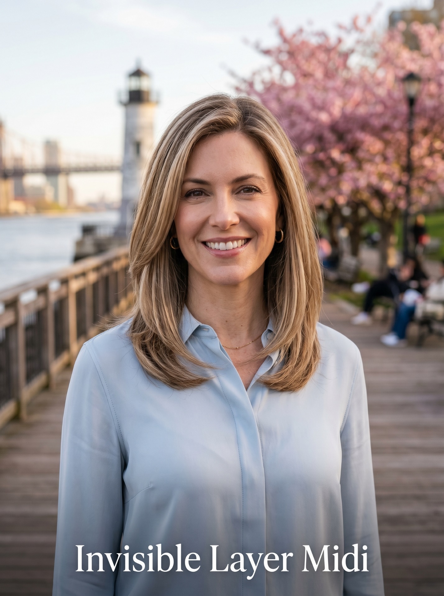 Portrait of a 35-year-old with Midnight Mocha Glass-Hair Gloss and a Polished Power Bob — a sharp jaw-length blunt cut with a sleek high-shine finish — on a tree-lined street near East 86th Street in Yorkville.