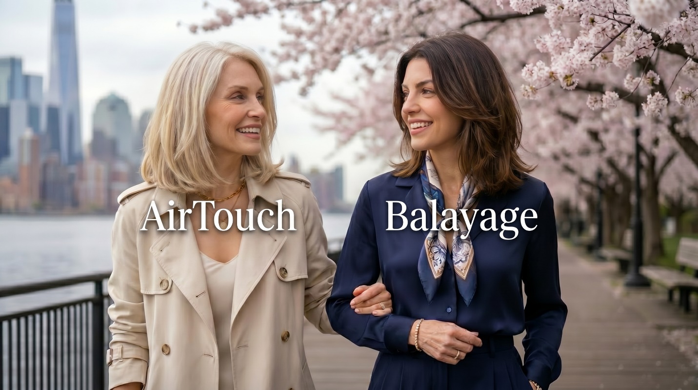 Two women walking arm in arm near Carl Schurz Park with AirTouch blonde and balayage brunette color labels.