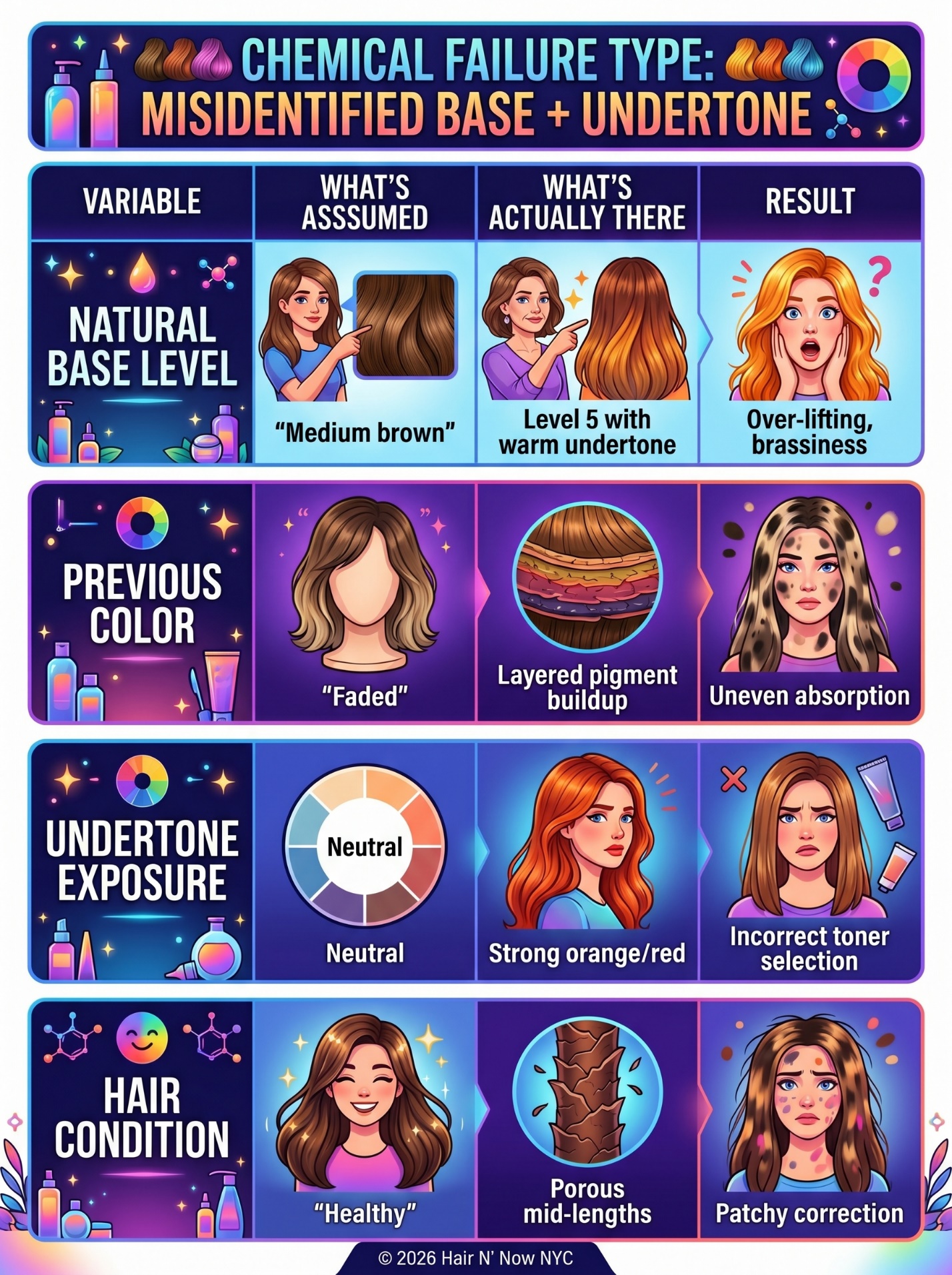 Infographic explaining color correction failure from misidentified base level, previous color, undertone exposure, and hair condition.