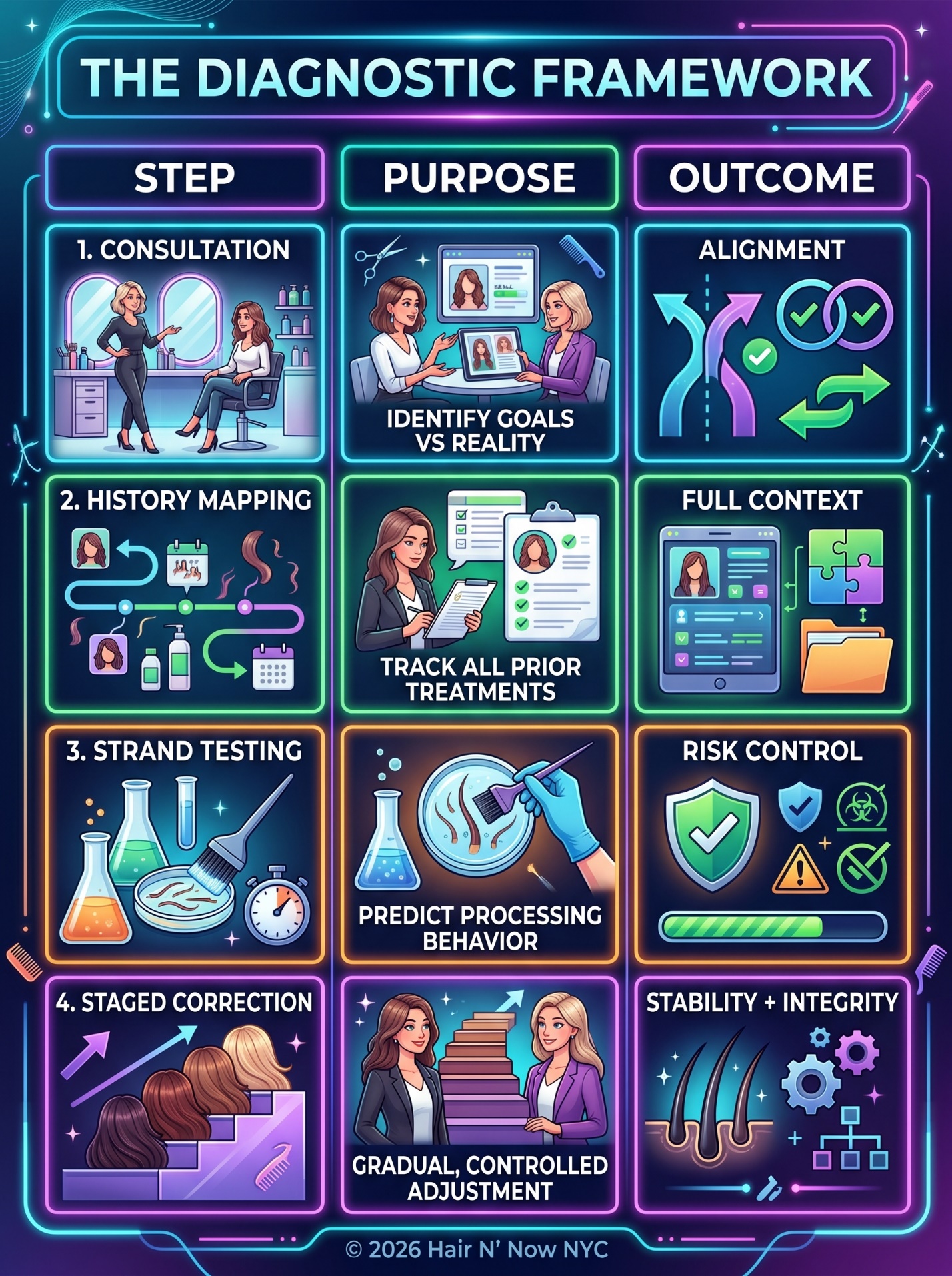 Diagnostic framework infographic showing consultation, history mapping, strand testing, staged correction, risk control, and stability for color correction.