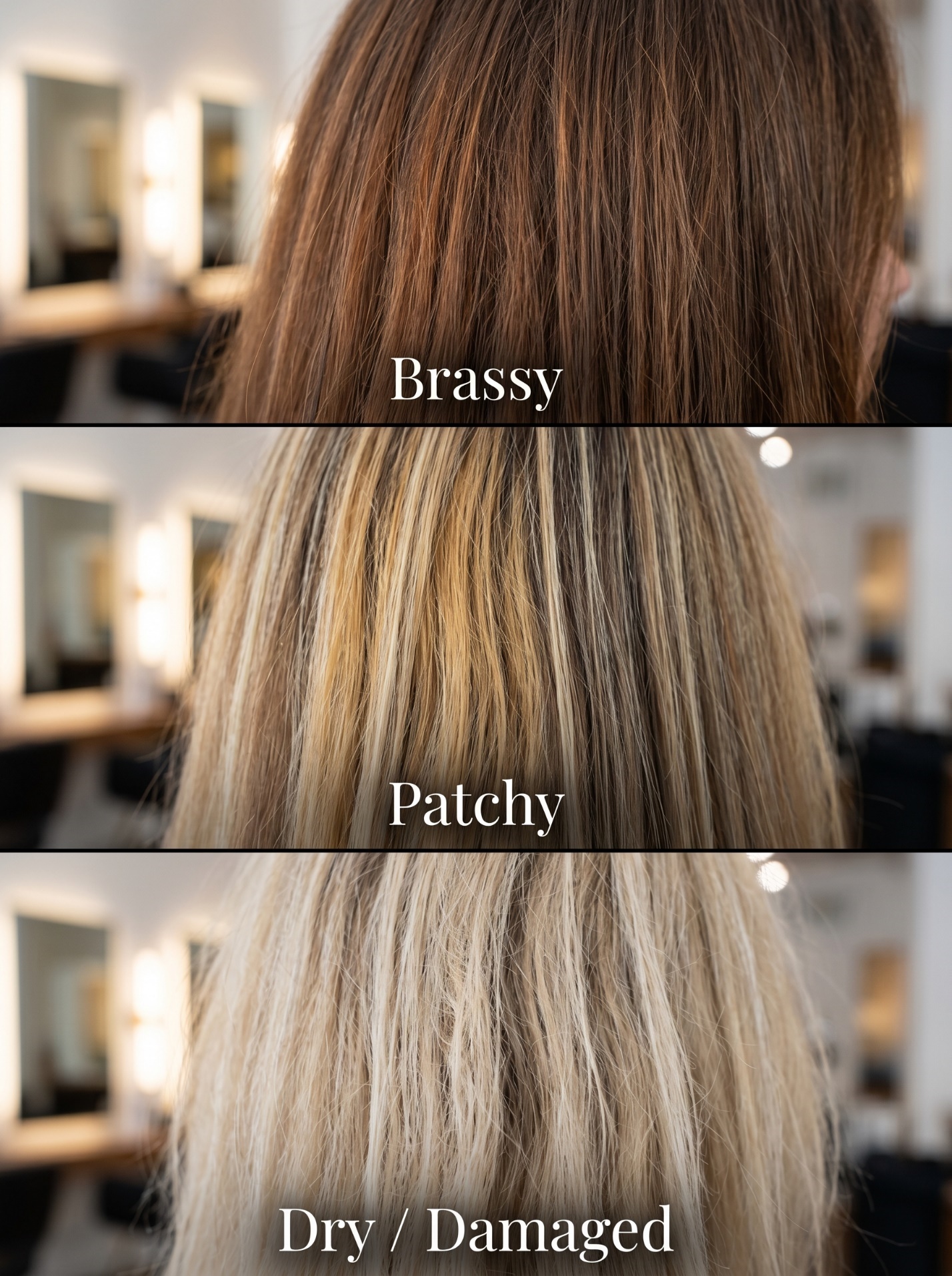 Three-panel closeup of common color correction failure patterns: brassy brunette hair, patchy blonde lift, and dry damaged light blonde texture.