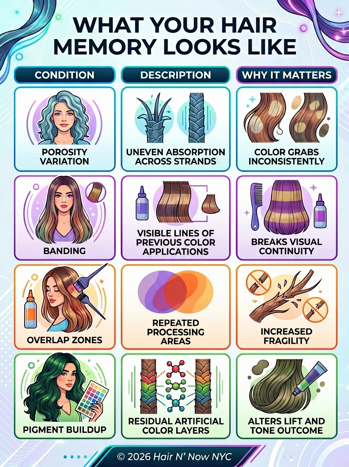 Hair memory infographic showing porosity variation, uneven absorption, color bands, overlap zones, pigment buildup, and increased fragility.