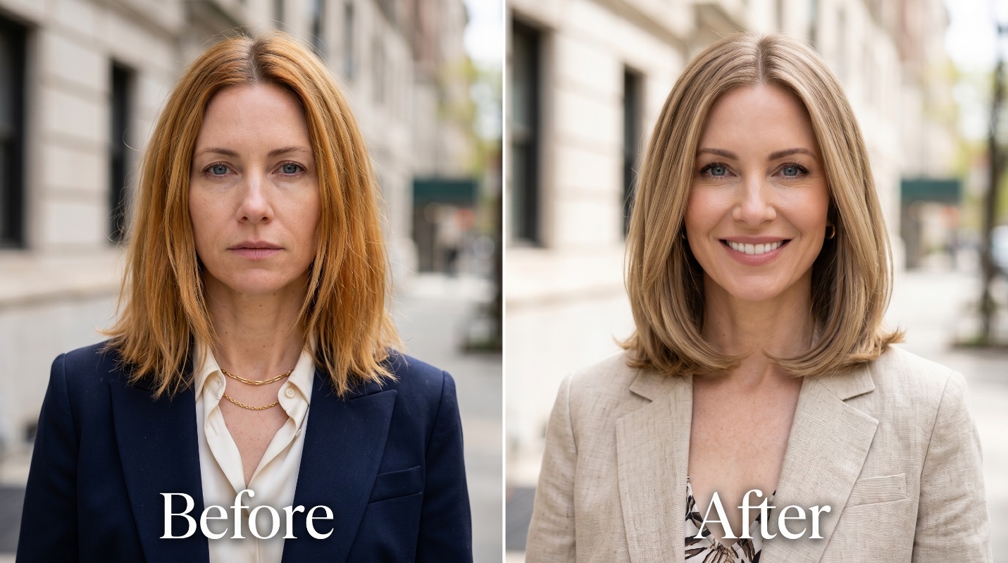 Before-and-after hero image showing a dark blonde Yorkville color correction from brassy uneven banding to a softer, blended rounded lob.