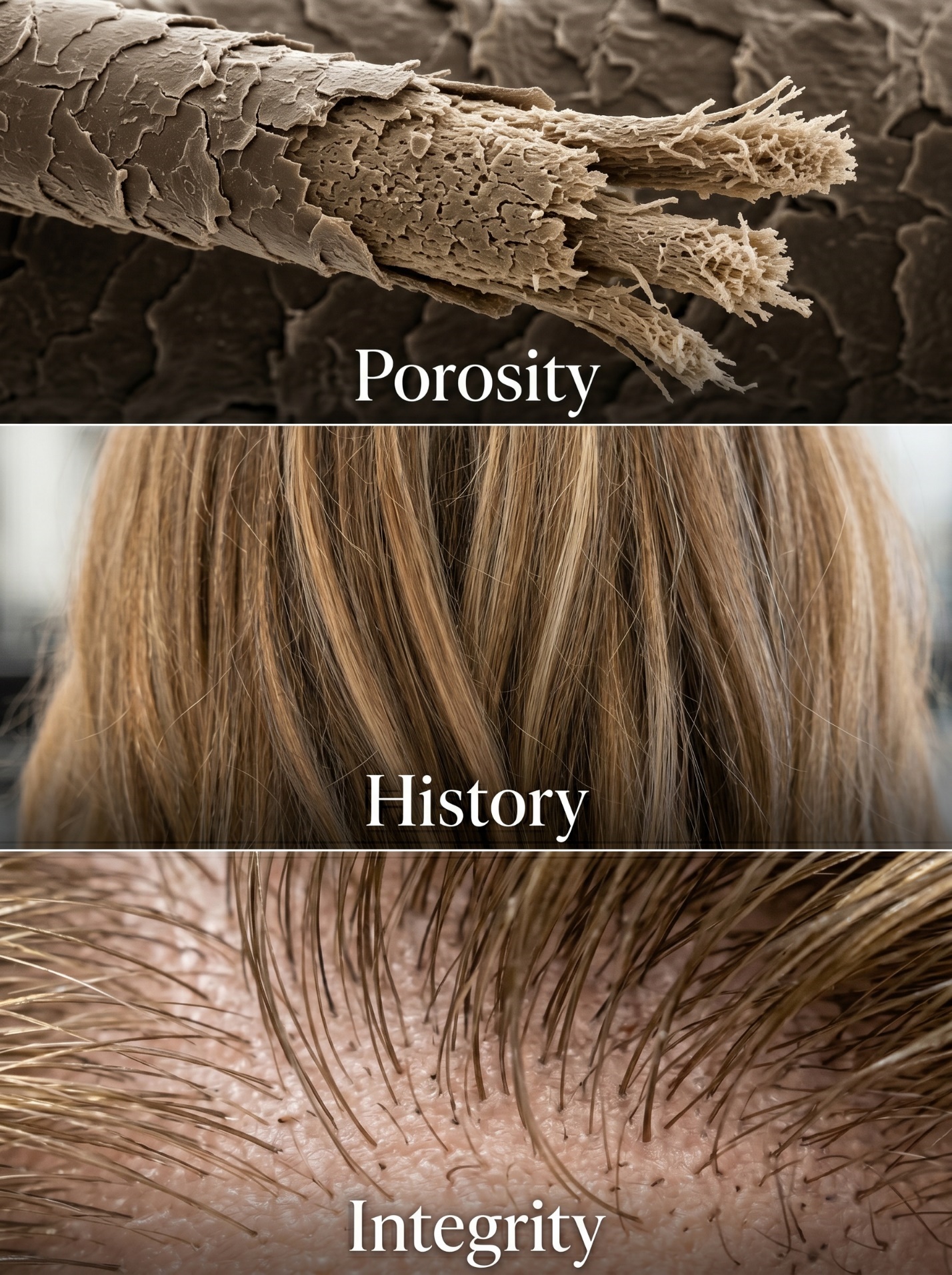 Three-row macro hair study labeled porosity, history, and integrity to show why strand testing matters before color correction.