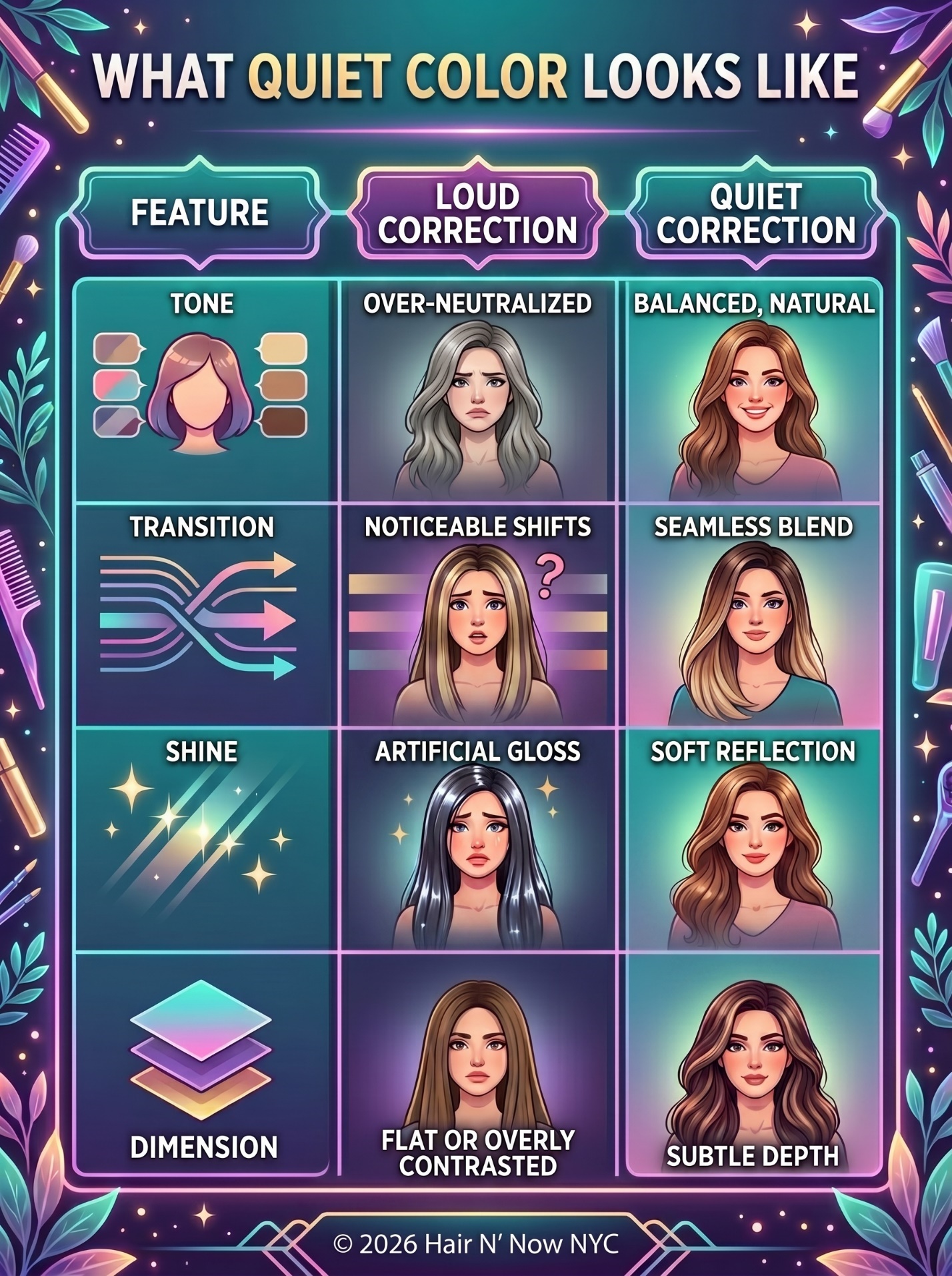 Quiet color infographic comparing loud correction with subtle balanced correction across tone, transition, shine, and dimension.