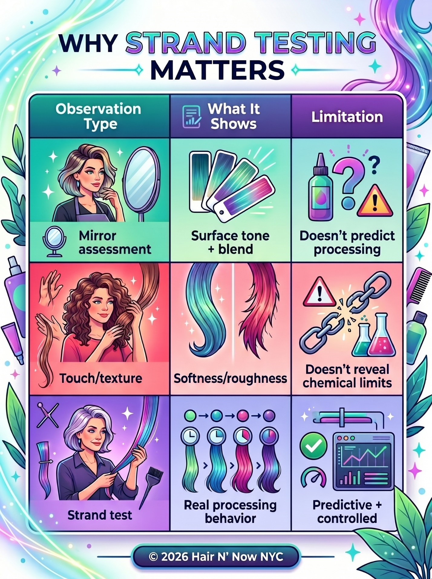 Strand testing matters infographic comparing mirror assessment, touch and texture, and strand testing for predictable color correction.