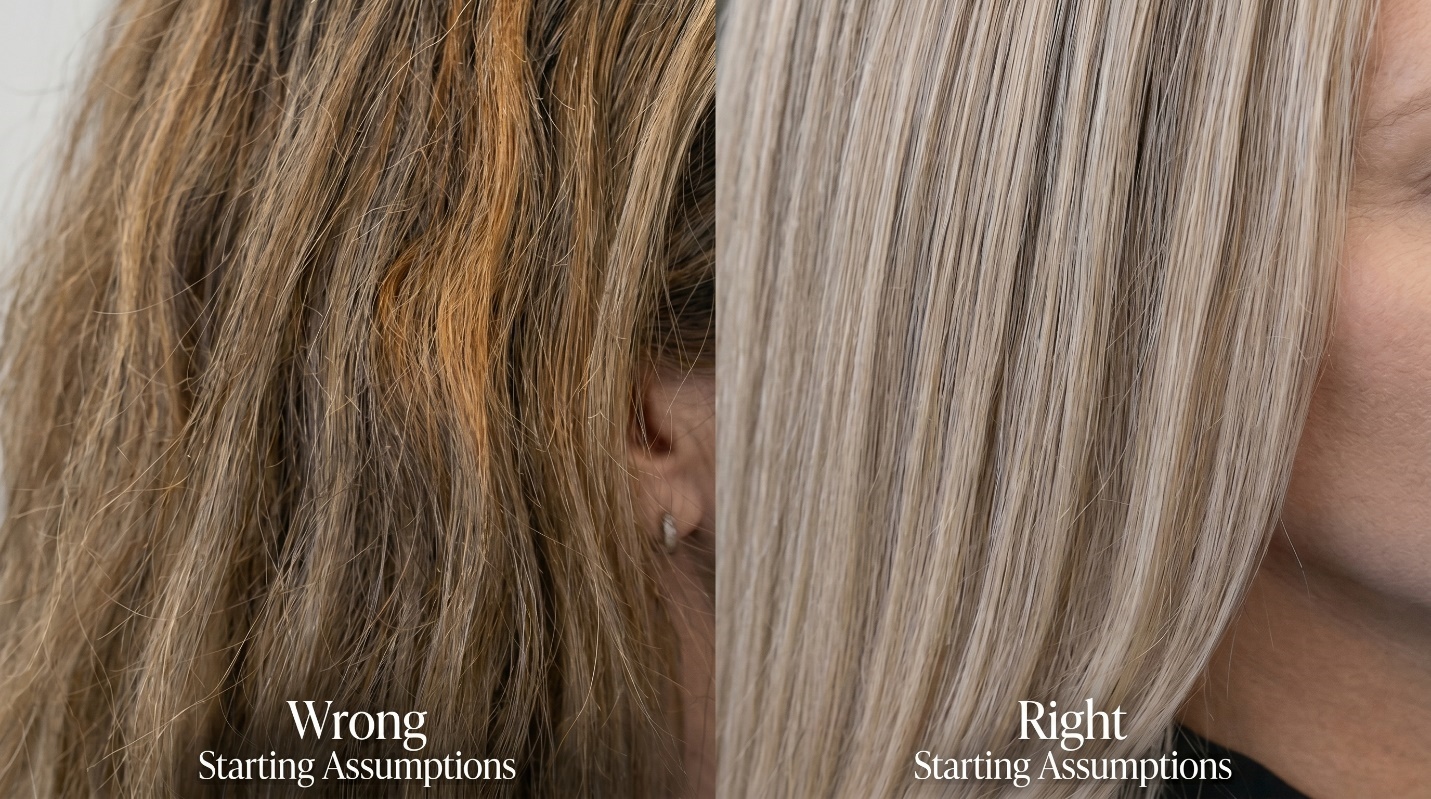 Macro comparison of color-corrected hair showing wrong starting assumptions on uneven warm blonde hair beside a smoother corrected result.