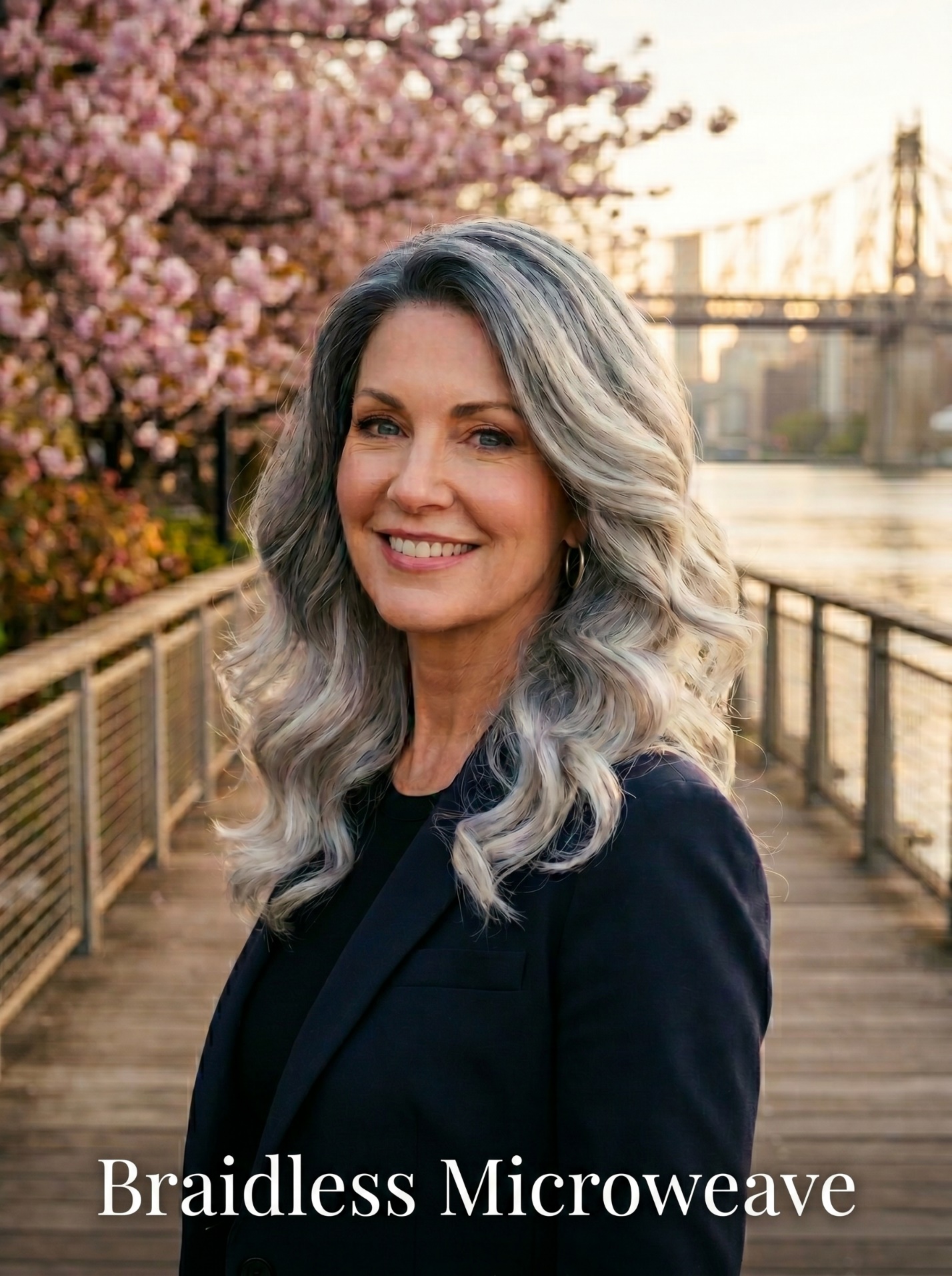 Woman with silver-smoke ombre hair on the Carl Schurz Park boardwalk wearing voluminous Braidless Microweave Extensions.