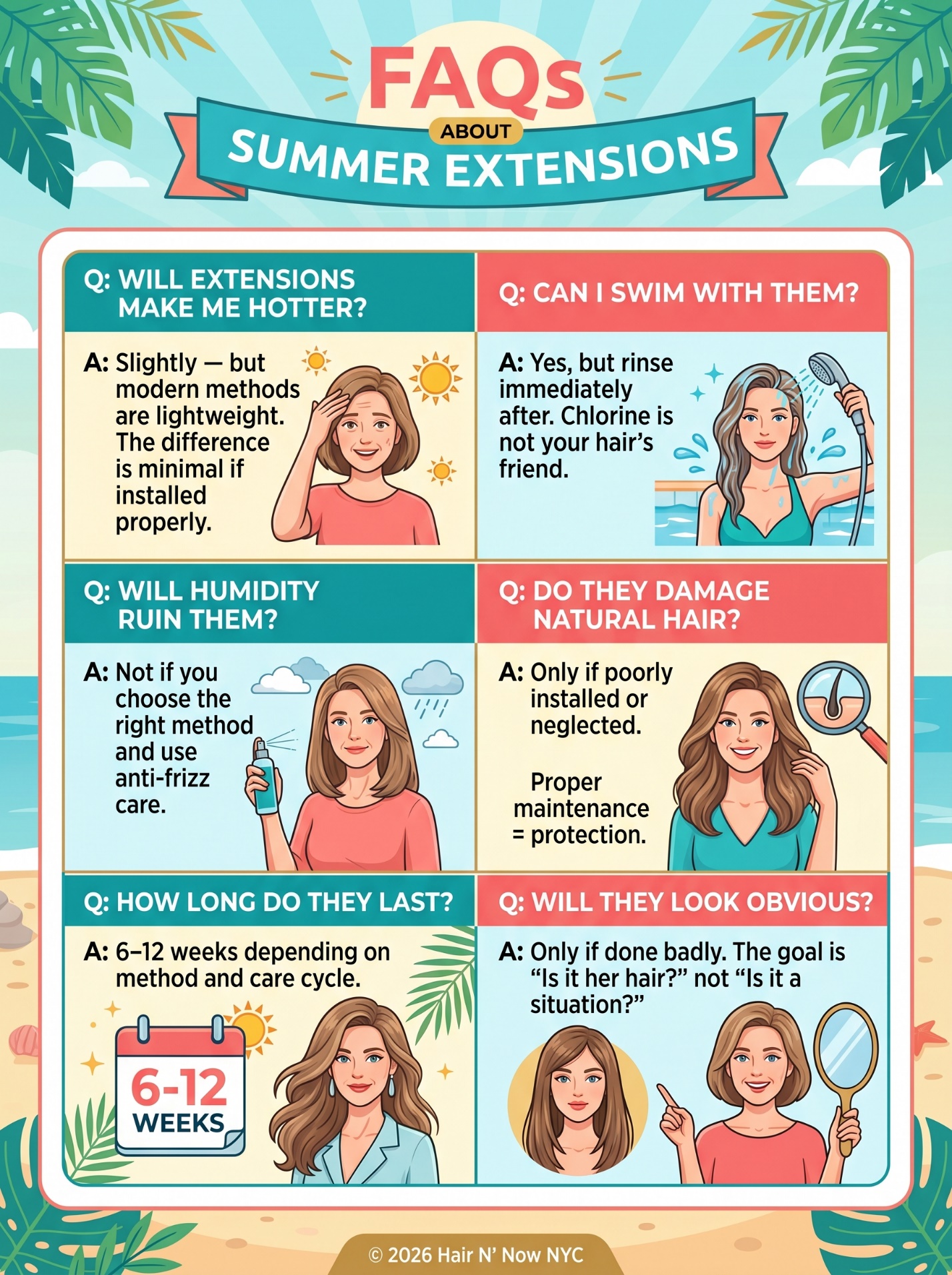 FAQ infographic answering common summer extension questions about heat, swimming, humidity, damage, longevity, and natural appearance.