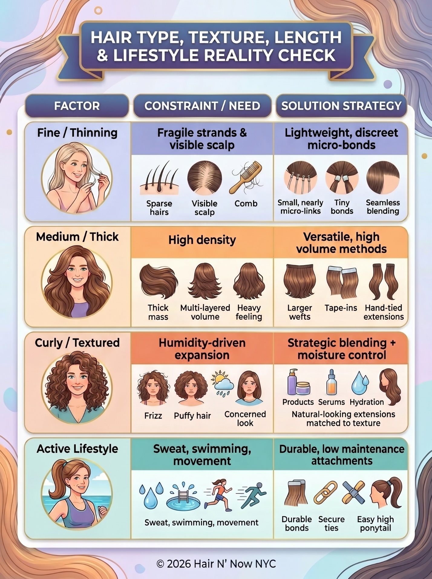Hair type, texture, length, and lifestyle reality check infographic for choosing summer extensions.
