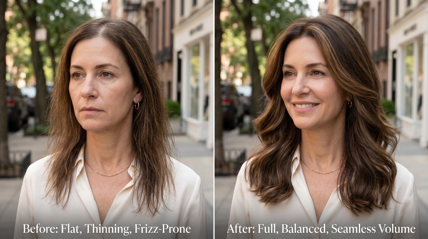 Before-and-after hero image showing a woman with flat thinning frizz-prone hair transformed into full balanced seamless summer extension volume.