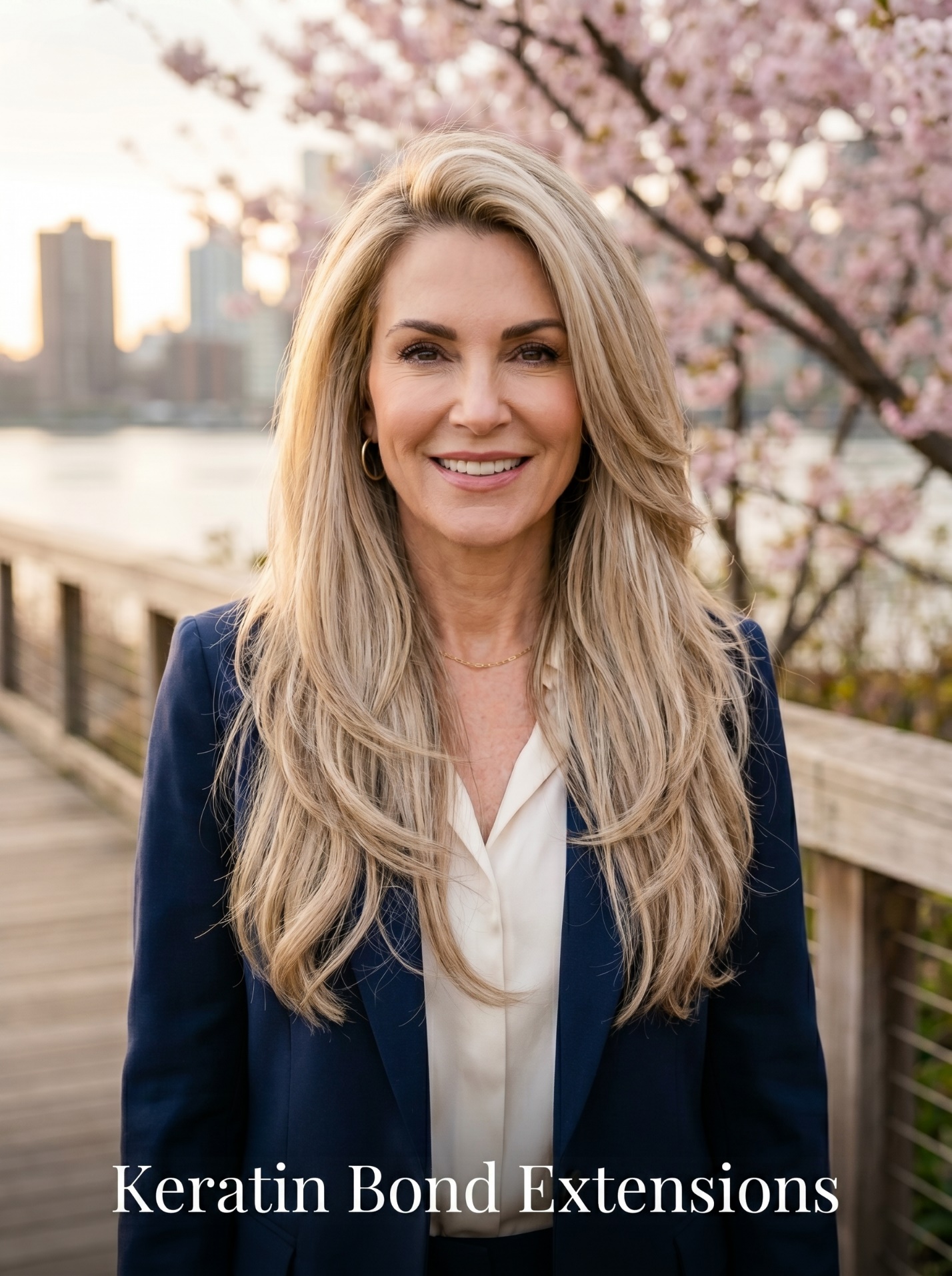 Blonde woman on the Carl Schurz Park boardwalk with long Keratin Bond Extensions and full summer volume.
