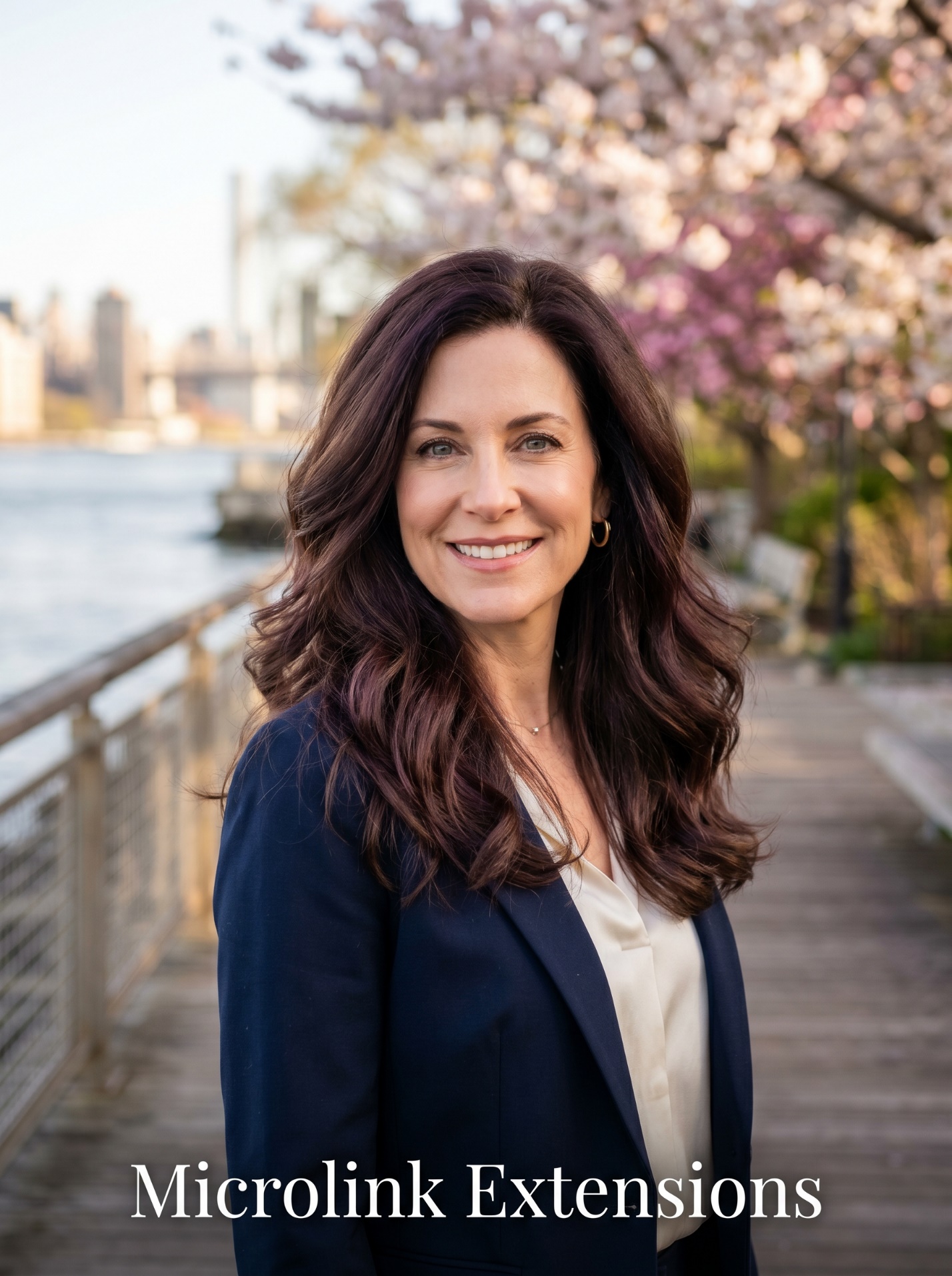 Deep brunette woman on the Carl Schurz Park boardwalk with Microlink Extensions and natural shoulder-length movement.