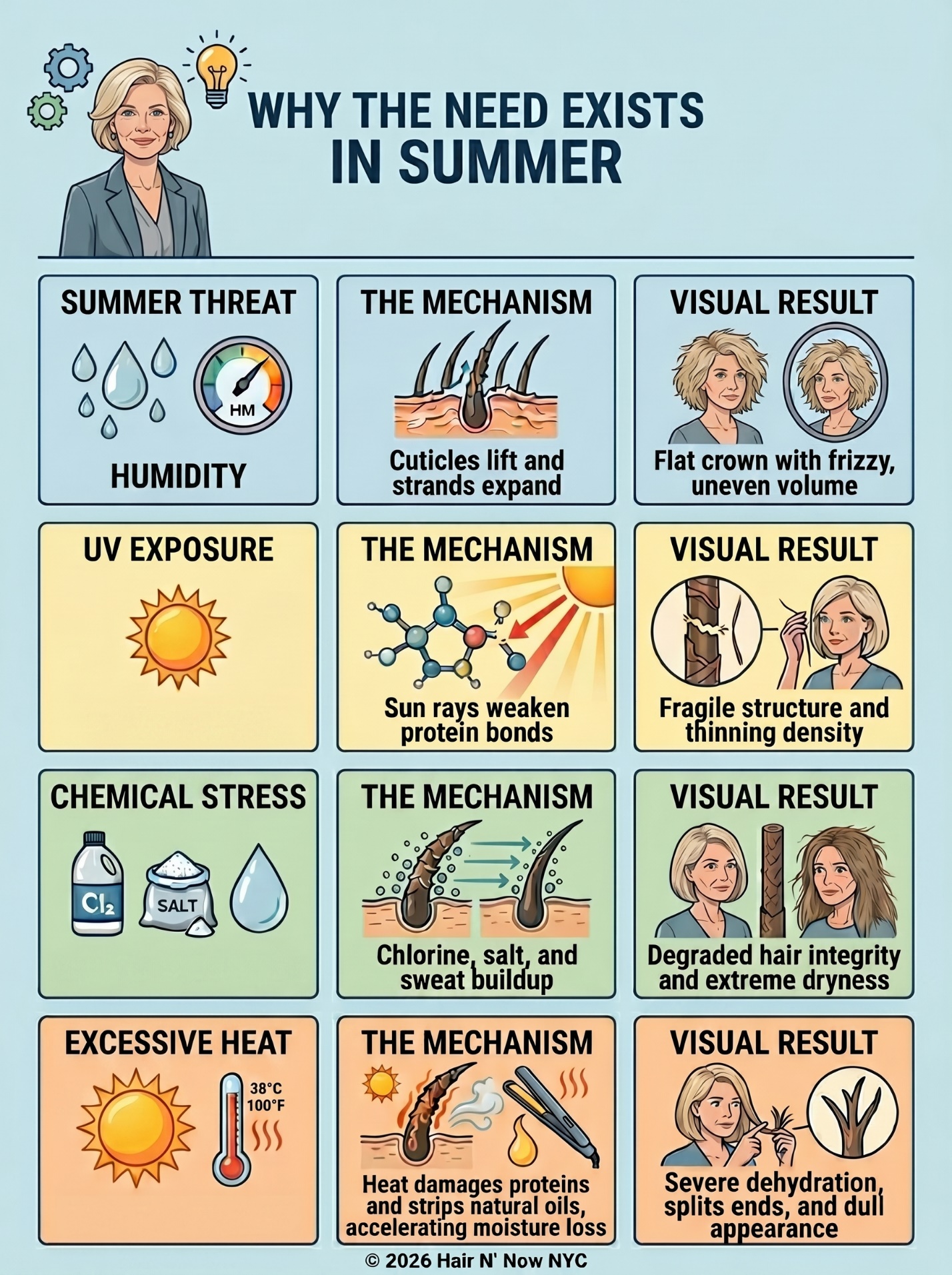 Infographic explaining why summer hair loses volume from humidity, UV exposure, and chemical stress.