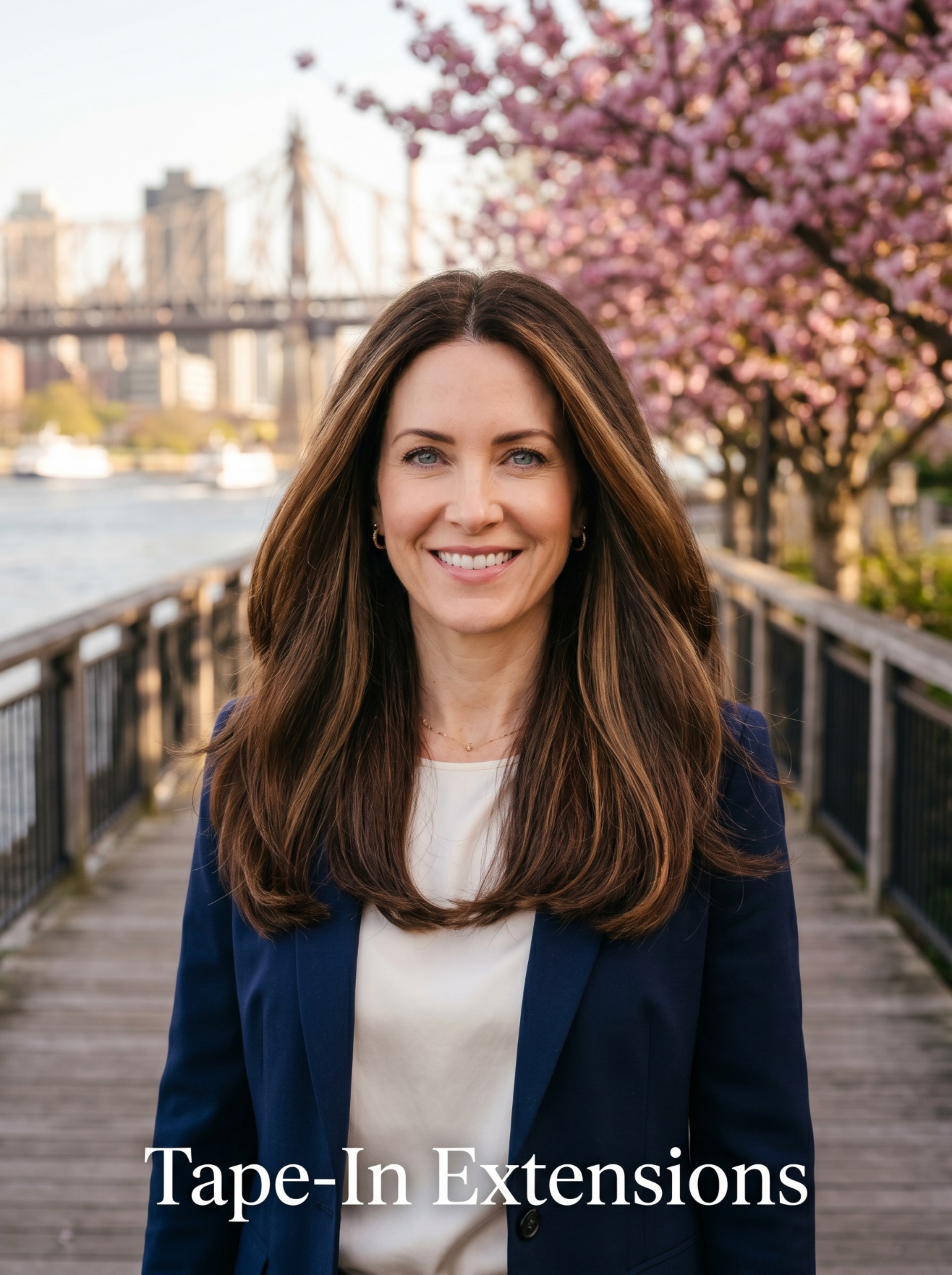 Brunette woman on the Carl Schurz Park boardwalk with sleek Tape-In Extensions and fuller collarbone-length hair.
