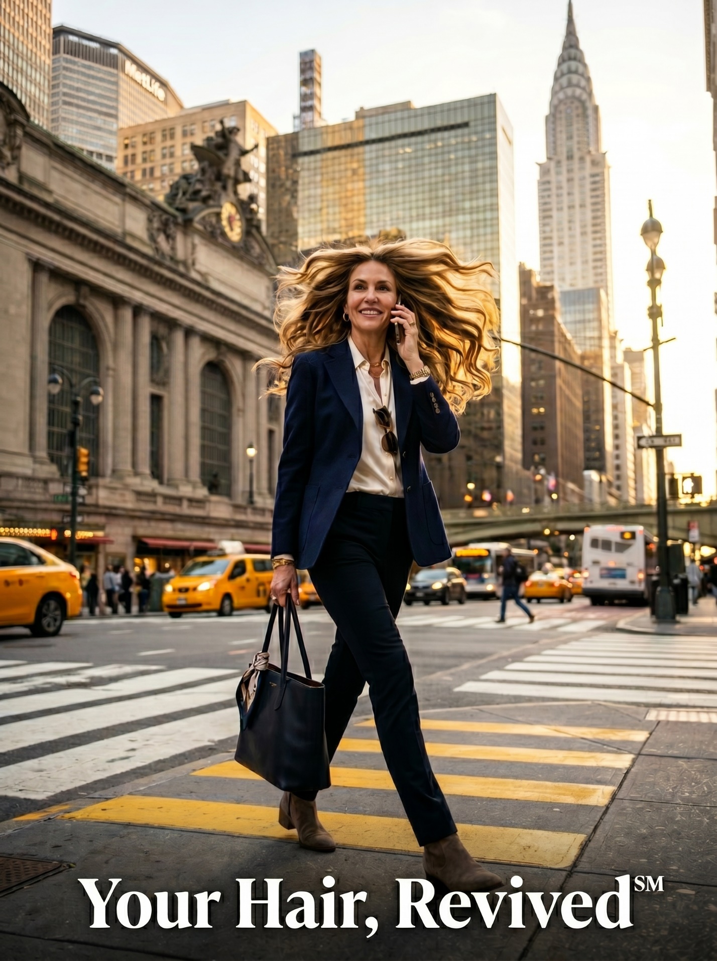 Confident woman crossing Park Avenue near Grand Central Terminal with long voluminous extensions and the caption Your Hair Revived.